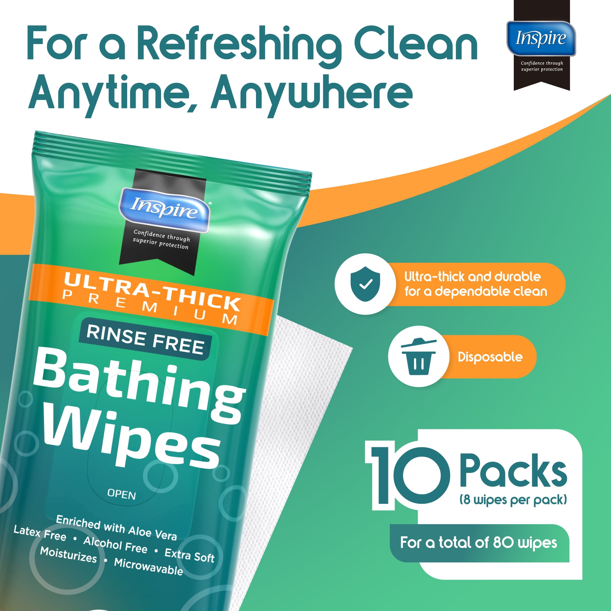 INSPIRE Ultra Thick Rinse Free Adults Bathing - Wet Wipes Thick Strong XL with Aloe,10 Pack