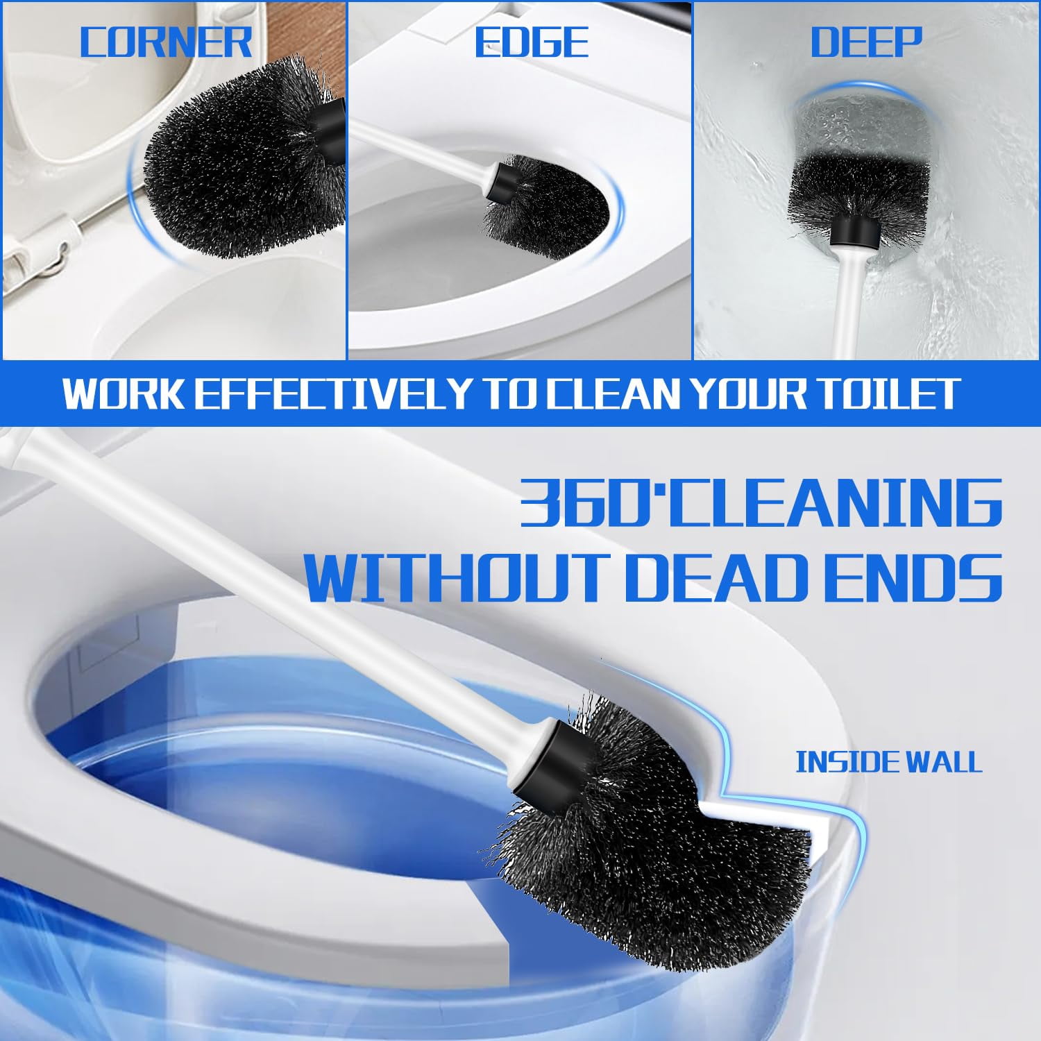 2 Pack Toilet Brush and Holder Set, Long Handle, Non-Slip Grip, Nylon Bristles, Deep Cleaning for Bathroom, Toilet Scrubber- Black