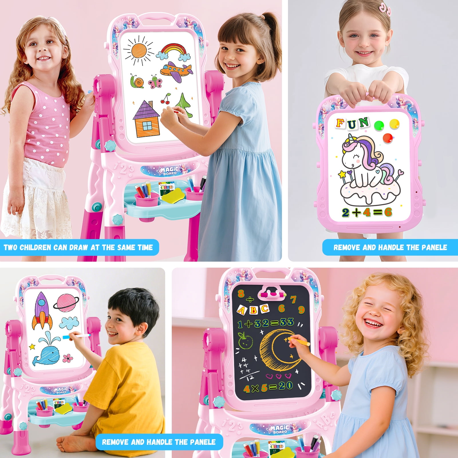 Art Easel for Kids - Adjustable Double-Sided Rotatable Magnetic White Board with Painting Accessories, Preschool Learning Toy for Girls 3-5 Years Old,Ideal Christmas Birthday Gift （Pink）
