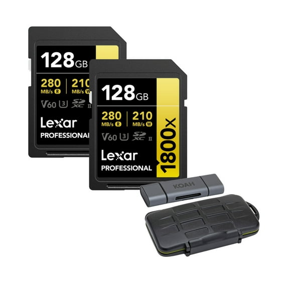 Lexar 128GB Professional GOLD Series 1800x UHS-II SDXC V60 Memory Card (2-Pack) Bundle with Card Reader