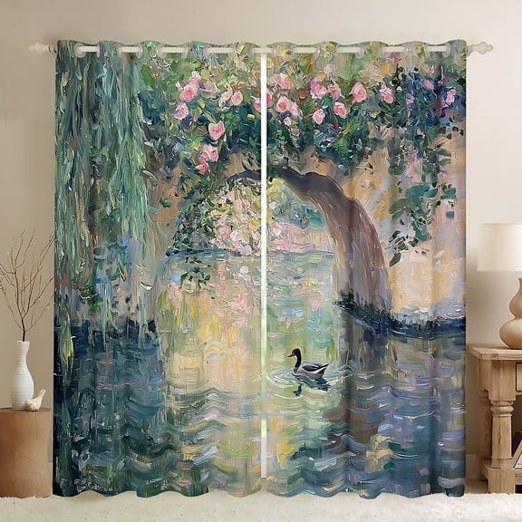Homewish Rustic Duck Black Out Curtains,Oil Painting Artistic Curtains Pack of 2 (42x63 Each),Pink Flower Floral Bedroom Curtains For Girl,Breathable Home Decor