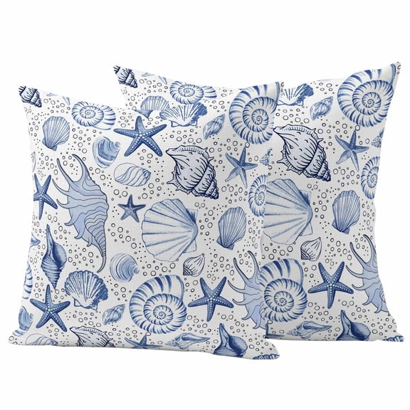 Navy Blue Coastal Outdoor Waterproof Pillow Covers, Nautical Ocean Shell Starfish Sea Decorative Square Throw Pillowcase Sofa Cushion Sham for Patio/Couch/Chair, 20"x20" 2 Pack