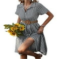 thumbnail image 4 of Femmes Bouton vers le Bas Chemise Robes à Carreaux Imprimer Midi A-line Robe, 4 of 7