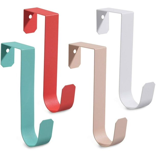 Ganchos para puerta de 4 piezas, ganchos de metal resistentes para una sola puerta, ganchos de puerta de 4 colores para colgar toallas, ropa, baño, soporta 7 libras (blanco, naranja, albaricoque, ver