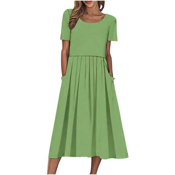 Women Dresses Party Elegant Casual Round Neck Solid Short Sleeve Dress With Pocket Vacation Daily Folded Wedding Guest Cocktail Clubbing Dresses Evening Gowns