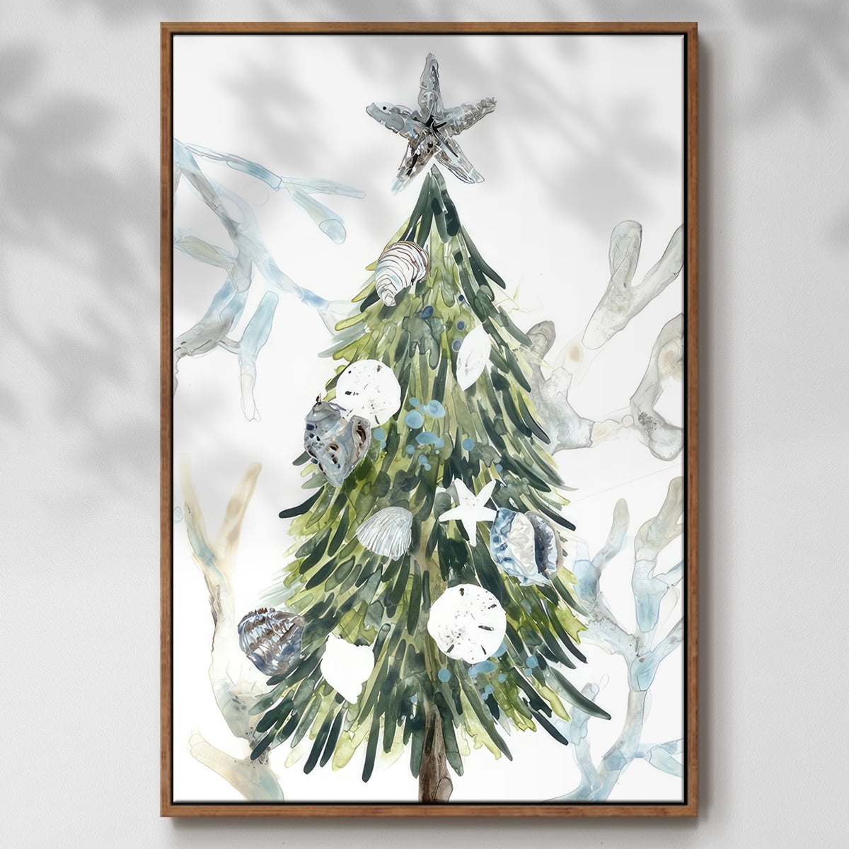 Coastal Christmas Shell Collection B - Framed Gallery Wrapped Holiday Canvas - 25 x 37 - Rosewood Frame
