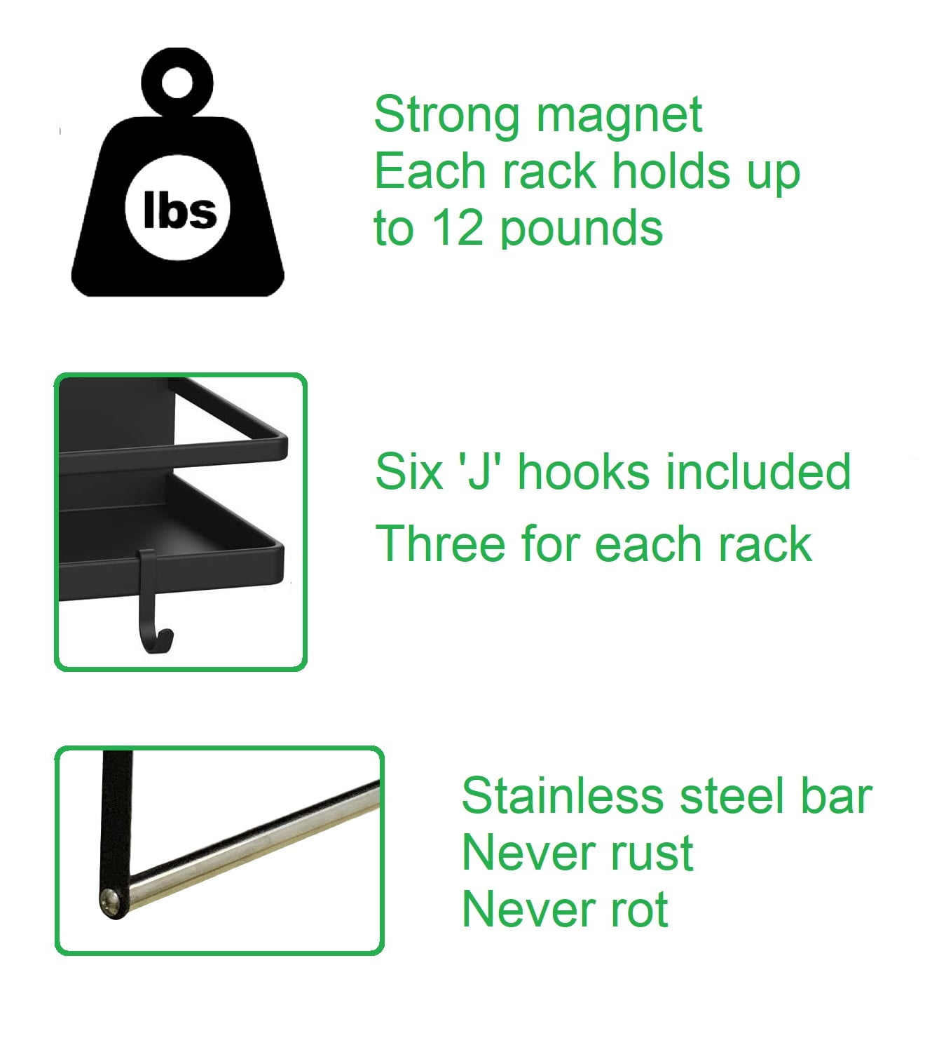 Two magnet shelves (15 inch and 16 inch), 6 hooks, paper towel rack. Refrigerator organizer bin. Kitchen organizer.