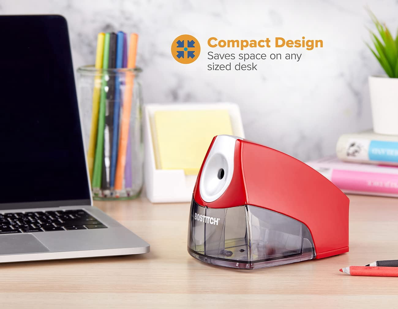 Office Electric Pencil Sharpener for Classroom & Desk Use, Heavy-Duty Stall-Free Motor, High-Capacity Shavings Tray, Red