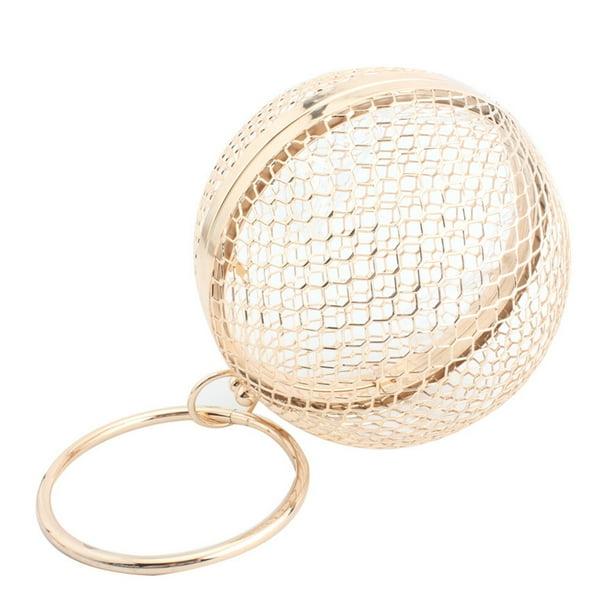 Bolso de hombro con bola de metal hueca para mujer, tipo jaula, redondo, para noche, boda, fiesta (dorado, incluye pulsera).