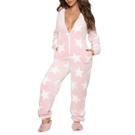 

CenturyX Christmas Women s Onesies Flannel Hoodie Pajama Long Sleeve Zipper Up Jumpsuit Warm Christmas Sleepwear Pjs Set Star powder M