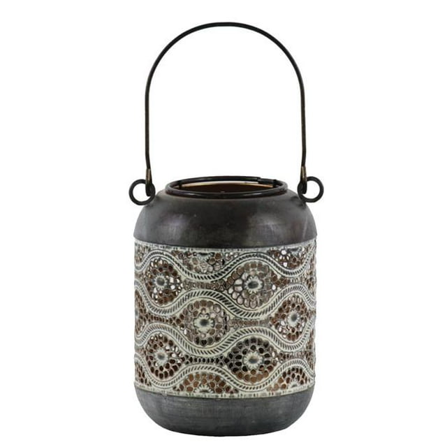 Benjara BM208213 Cylindrical Shape Metal Lantern with Pierced Floral Design - Gray