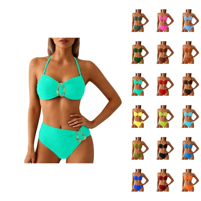 Bikinis for Women 2026 Fashionable Metal Buckle Adjustable Straps Top with High Waisted Bottom Two Piece Bathing Suits Woman