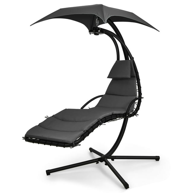 Costway Patio Hanging Lounge Chaise Hammock Chair Removable Canopy Grey
