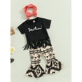 thumbnail image 4 of Kids Girls Summer Outfits 6 12 18 24M 3 4T Letters Print Short Sleeve T-shirt with Tassels and Casual Flare Pants Headbands Set, 4 of 9
