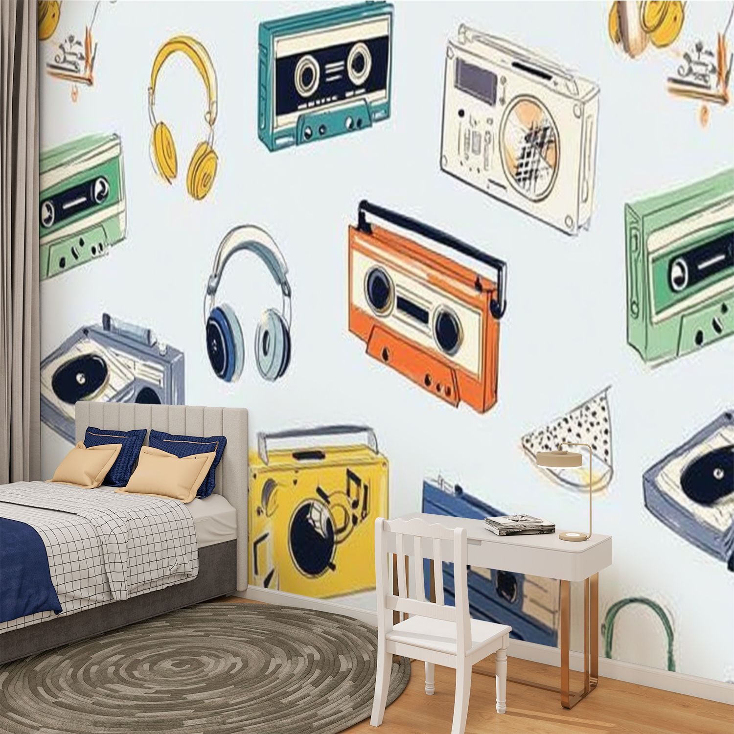 Peel and Stick Wallpaper Retro old cassettes boomboxes turntables tape recorders Modern Art Wall Mural Decor Self Adhesive and Removable 100in x 144in