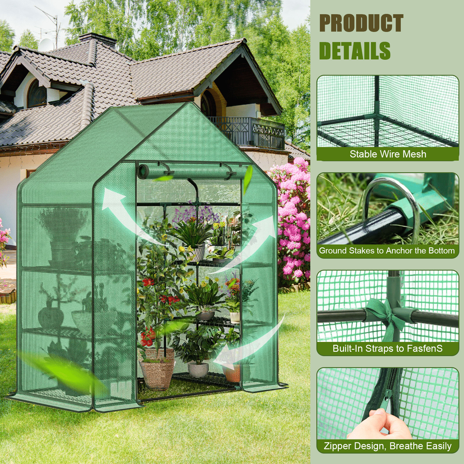 Gaptain Small Greenhouse with Anchors and Ropes, 3 Tier 4 Wired Shelves Indoor and Outdoor Greenhouse for Garden/Patio/Backyard/Balcony, Green PE Cover Easy to Assemble