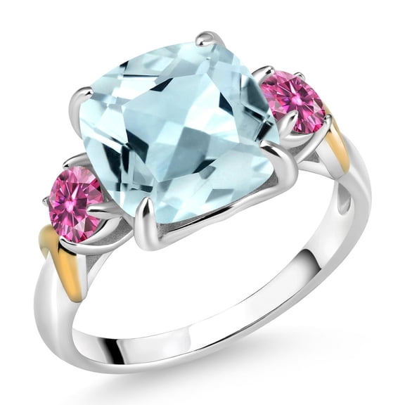 Gem Stone King 925 Silver and 10K Yellow Gold Sky Blue Simulated Aquamarine and Pink Moissanite 3 Stone Ring for Women (4.26 Cttw, Gemstone Birthstone, Cushion 10MM, Round 4MM, Size 5)