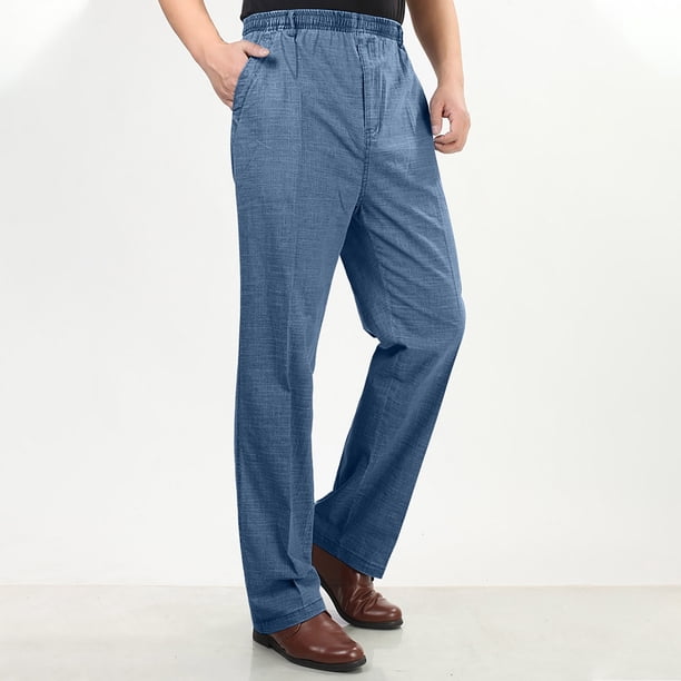 Pantalones largos de verano para hombre, informales, con bolsillos, de color liso, con cintura elástica y pierna recta.