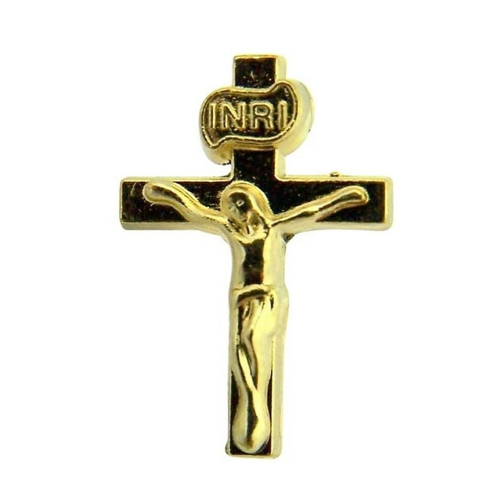 Lapel Pins Gold Tone Jesus Christ INRI Cross Crucifix Lapel Pin or