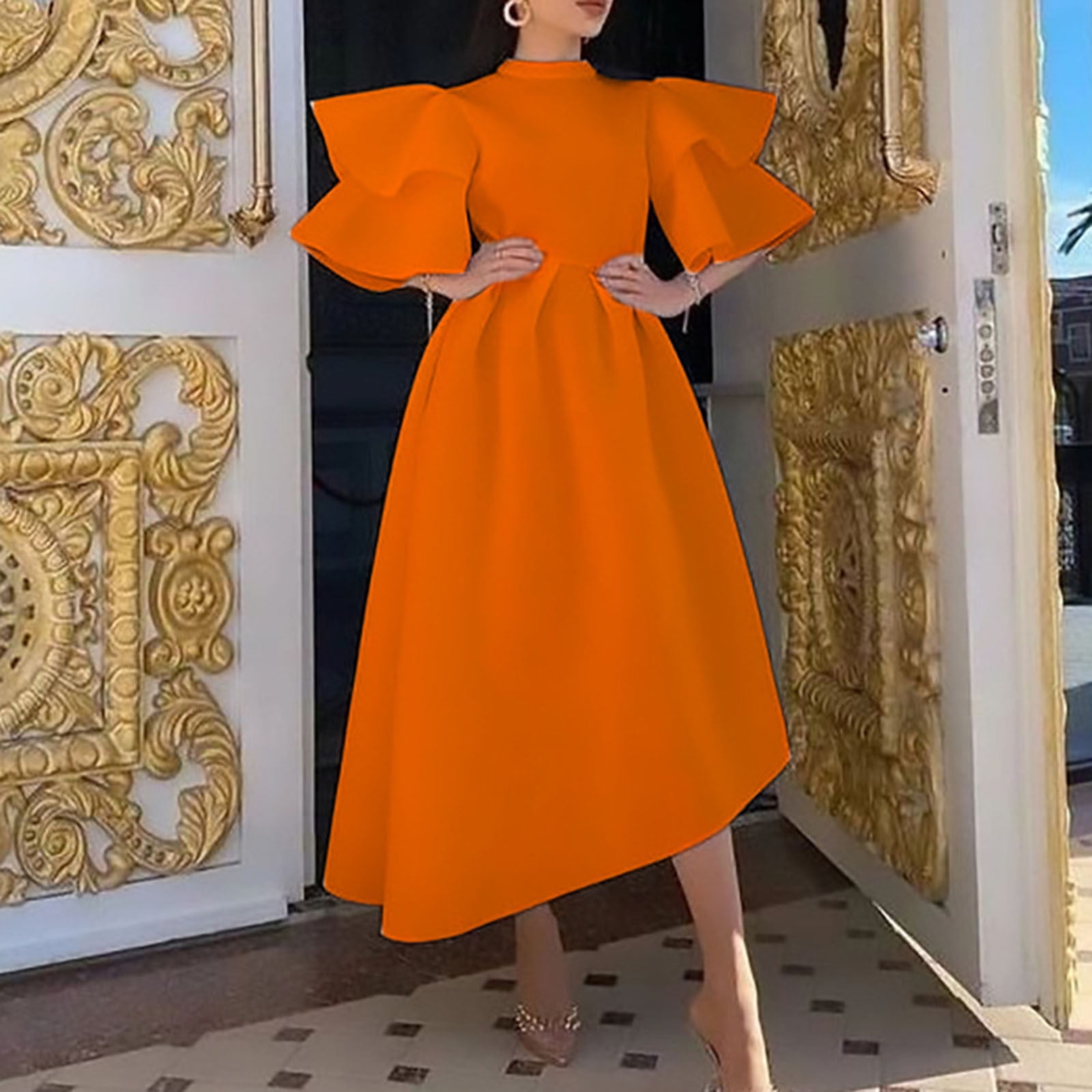safuny Women's Tea Length Loose Dress Solid Color Holiday Elegant Cocktail Wedding Evening Party Ruffle Sleeve Crew Neck Trendy Dresses Orange XXXXXL