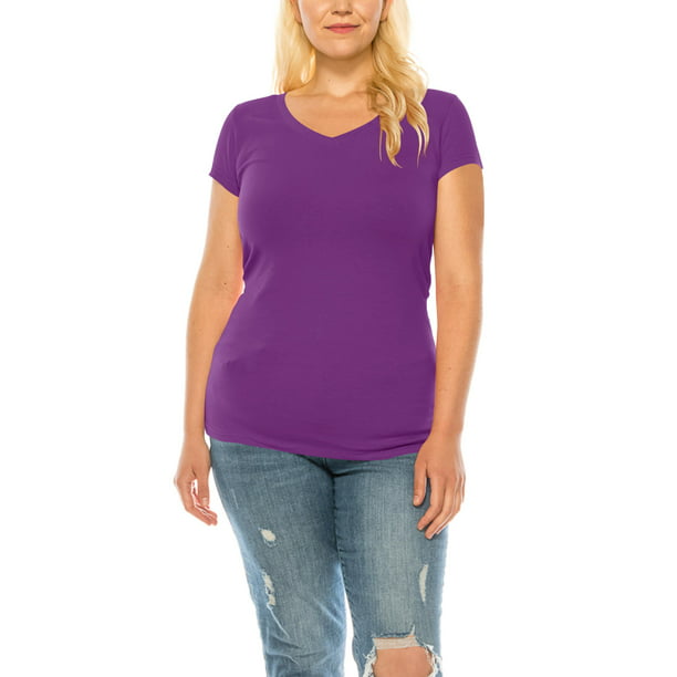 Womens Plus Size Casual Short Sleeve V Neck Solid Basic T Shirt Top 