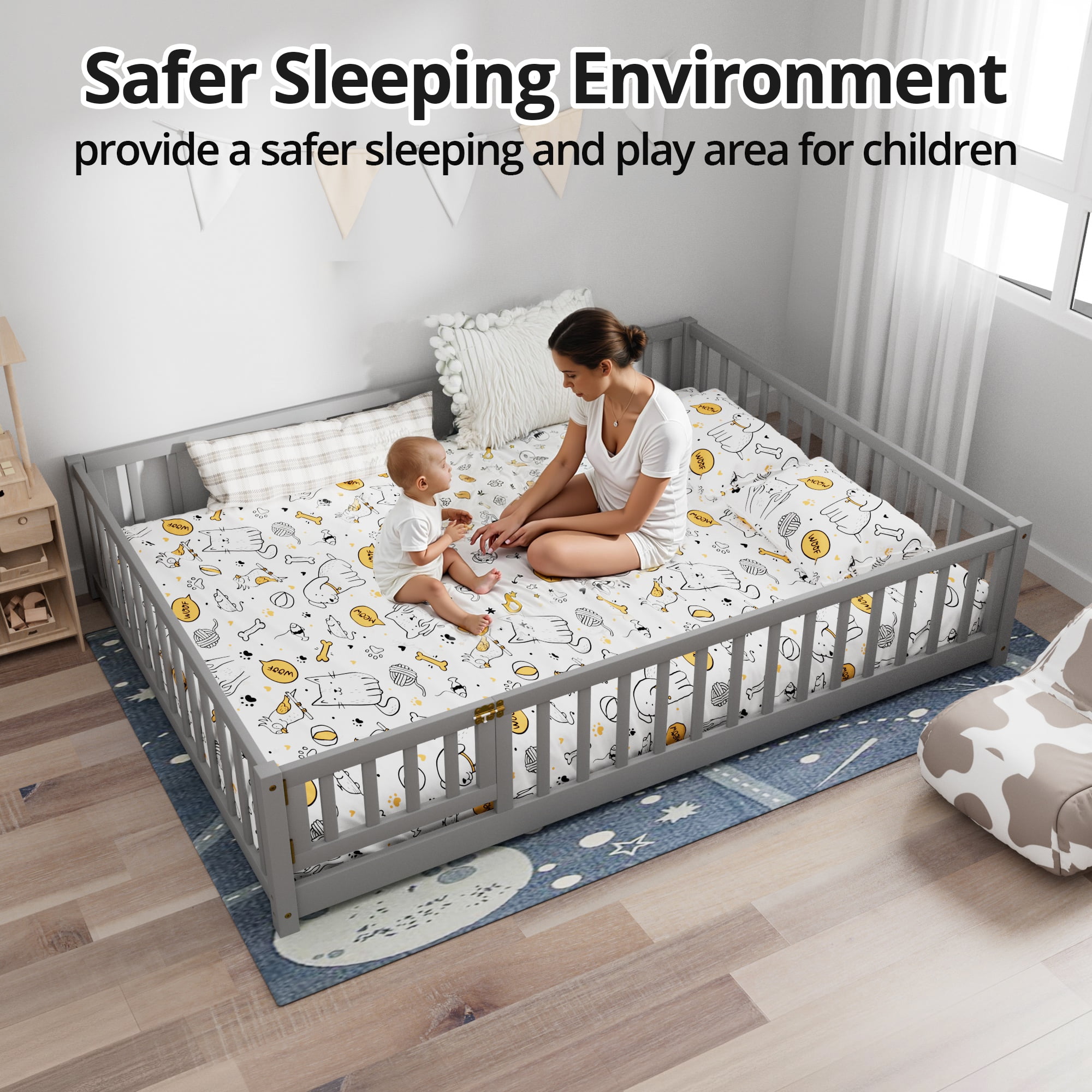 Queen Size Floor Bed, Wood Montessori Bed Frame with Fence Guardrails and & Support Slats, Queen Playhouse Bed with Door Design, Gray