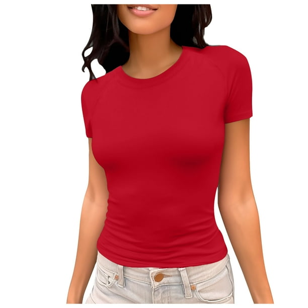 Camiseta de manga corta ajustada y moderna para mujer: corte ajustado y sexy, versátil con vaqueros/pantalones cortos, tejido suave para el verano, talla real, lavado en frío.