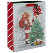 Holiday Time Gift Bag, Christmas, Santa, Christmas Tree, Red, White, Paper, Iridescent Glitter, Satin Handles