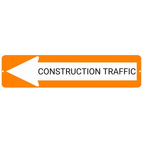 CONSTRUCTION TRAFFIC Orange Left Arrow 24 x 6 inch Aluminum Composite Sign