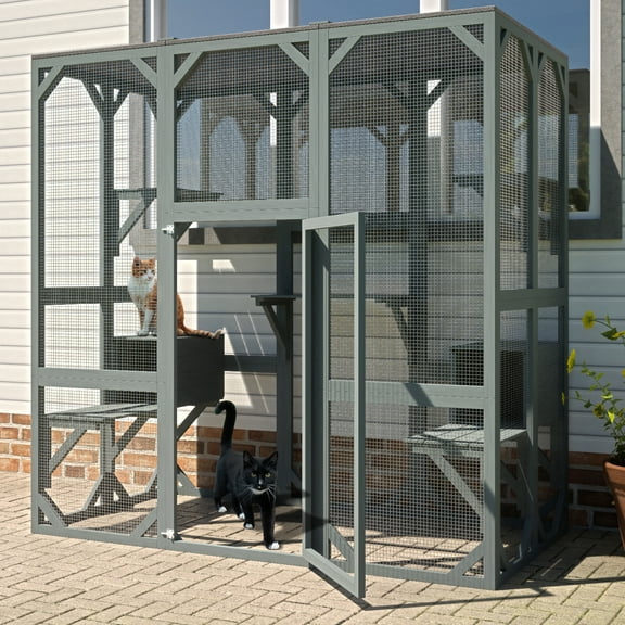 LZBEITEM 1-Story Waterproof Large Outdoor Cat House with 5 Platforms & Weather Protection, Grey