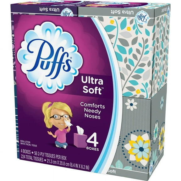 Puffs Ultra Soft Tissue 4-Pack - 2 Ply - White - Comfortable, Extra Soft - For Home, Office - 56 Per Box - 24 / Carton | Bundle of 5 Cartons