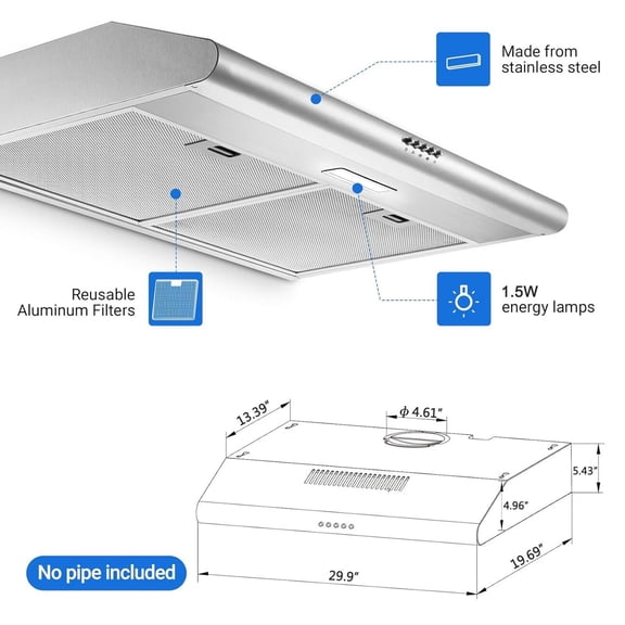SNDOAS Under Cabinet Range Hood 30 inch Kitchen Vent 3-Speed Fan 250CFM New