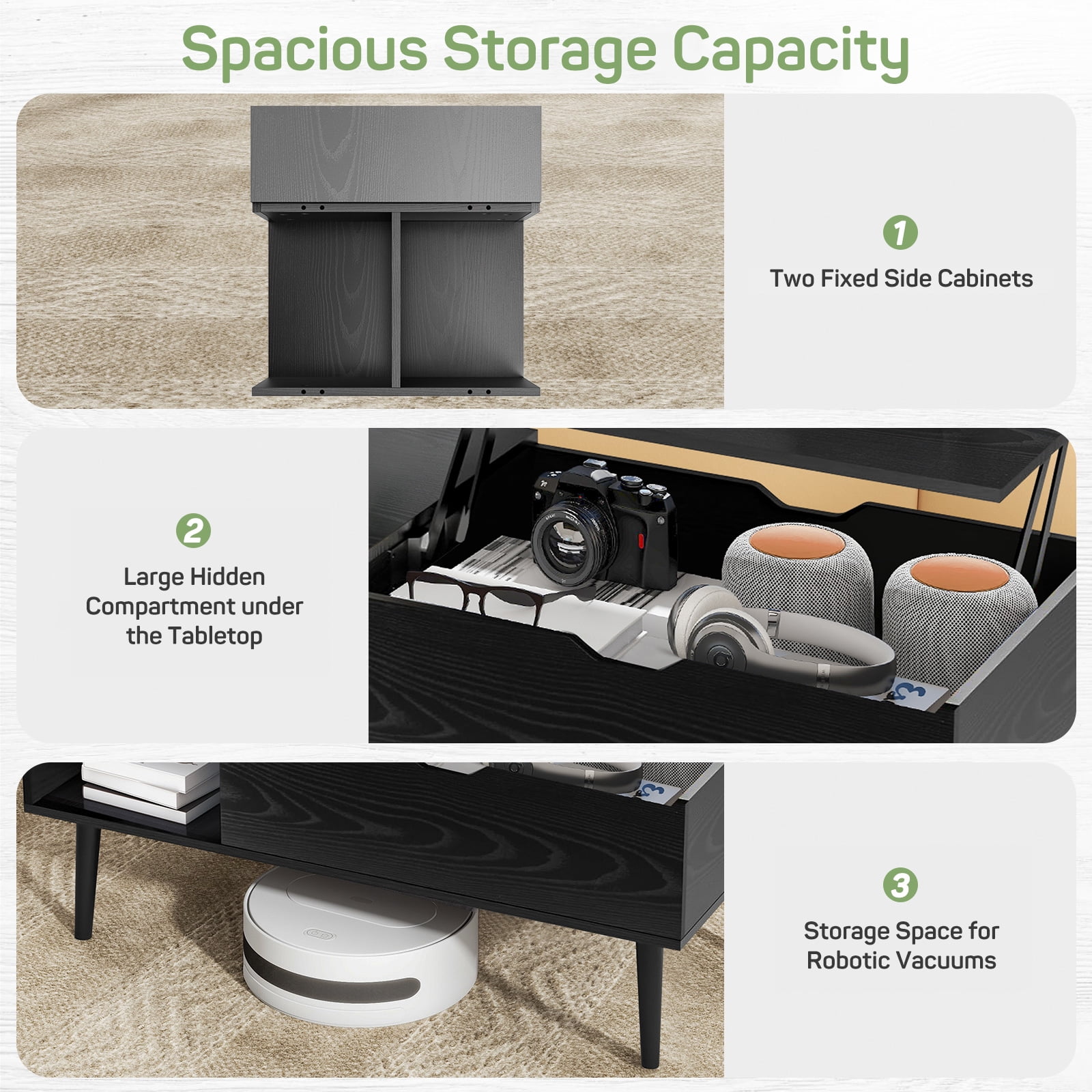Casabay Lift Top Coffee Tables for Living Room, Small Modern Wooden Center Tables with Storage Shelf and Hidden Compartment