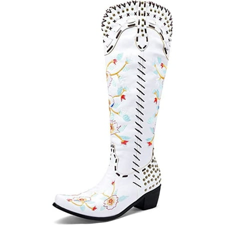 

The shy Cowboy Boots for Women Embroidered Rivet Cowgirl Boots Women Floral Pattern Chunky Heel Western Boots