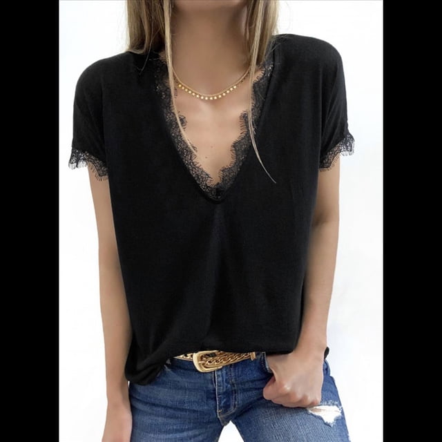 Blusas de Verano con Ribete de Encaje para Mujer, Cuello en V, Corta, Blusas, Camisetas Básicas Informales, Color Negro, Talla L