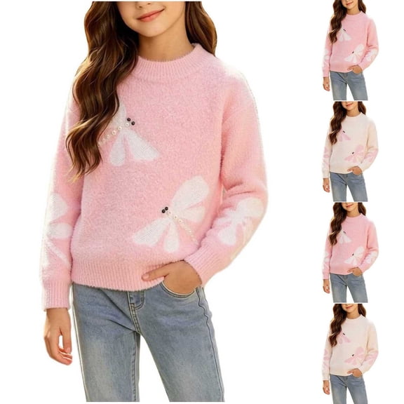 HAOTAGS Girls Sweater — Soft Round-Neck Long-Sleeve Warmth Knit Pullover Top Pink Size 9