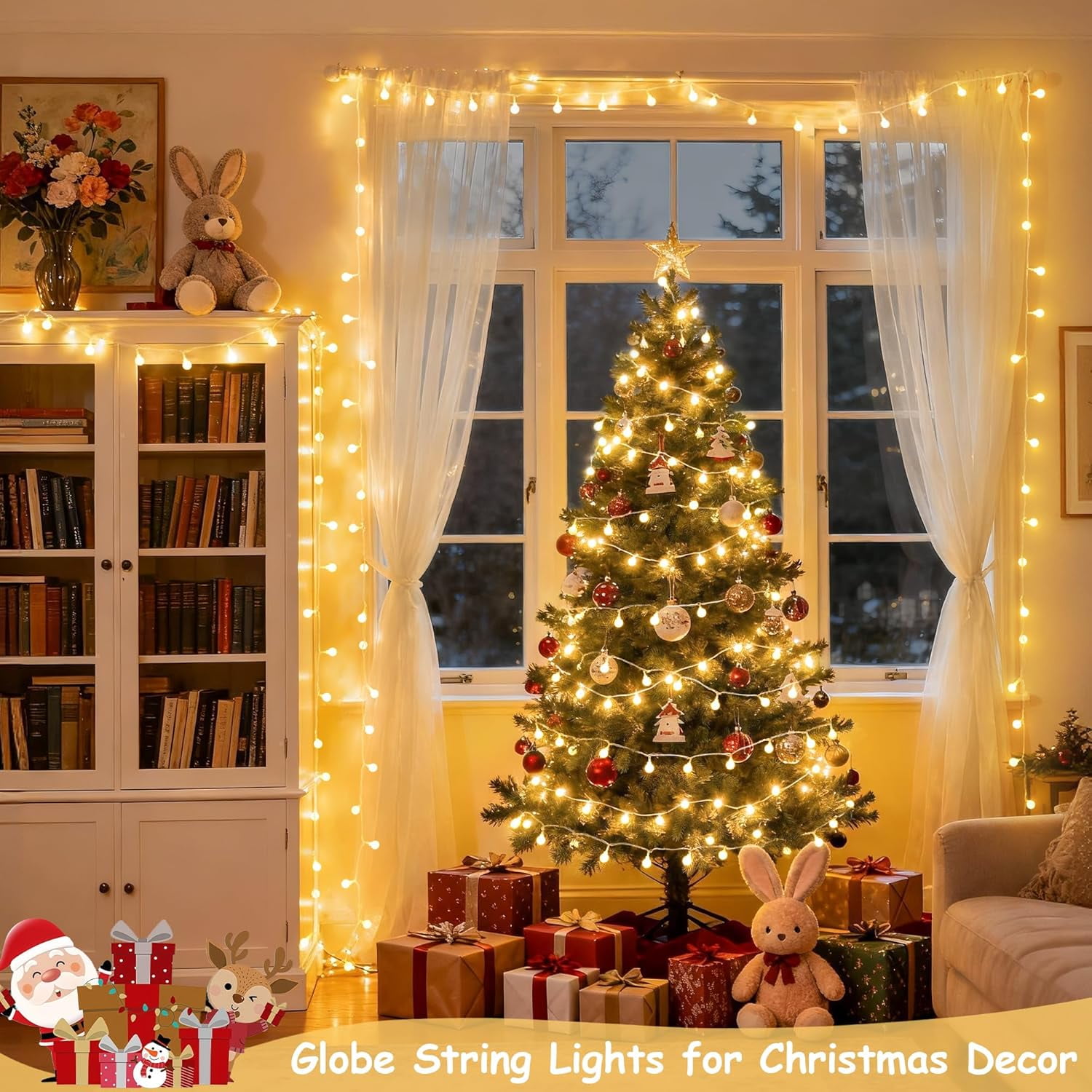 JMEXSUSS 100 LED Connectable Globe String Lights Indoor Bedroom, 33ft Warm White Christmas Lights Plug in with Remote, 8 Mode Hanging Fairy Lights Outdoor for Room Classroom Party Tree Christmas Deco