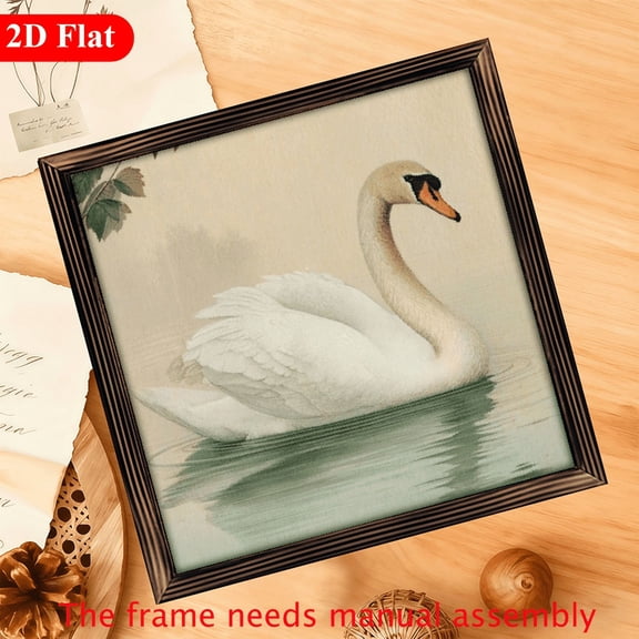 2D Flat 1pc Rustic White Swan Framed Wall Art - 12x12 Inch Vintage Wooden Farmhouse Decor with Serene Watercolor Design, Perfect for Entryway, Bedroom, Bathroom Kitchen, Ideal Housewarming Gift,
