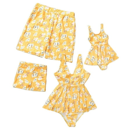 Xmarks Family Matching Swimsuits Mommy and Me Two Pieces Tropical Print Ruffled Bikini Set Bathing Suits/One Pieces Set Swimwear  Dad and Son Casual Swim Trunks