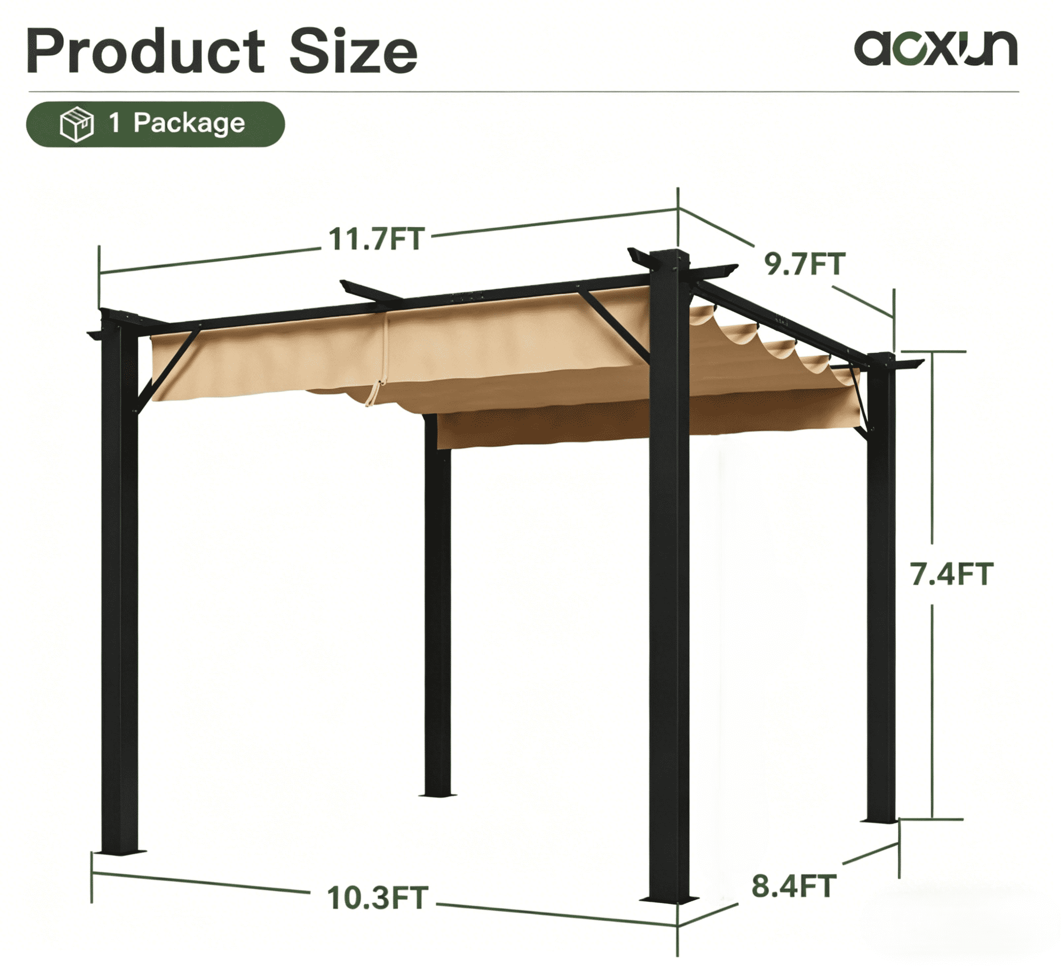 Dateyes 10'x12' Outdoor Retractable Pergola, with Sun-Proof Canopy, Patio Metal Pergolas Gazebos for Backyards, Gardens, Patios, Beige