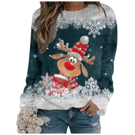 FYEGRE Ladies Festive Reindeer Design Round Neck Cozy Winter Sweatshirt Soft Holiday Pullover For Women Casual Warm Top Dark Green M