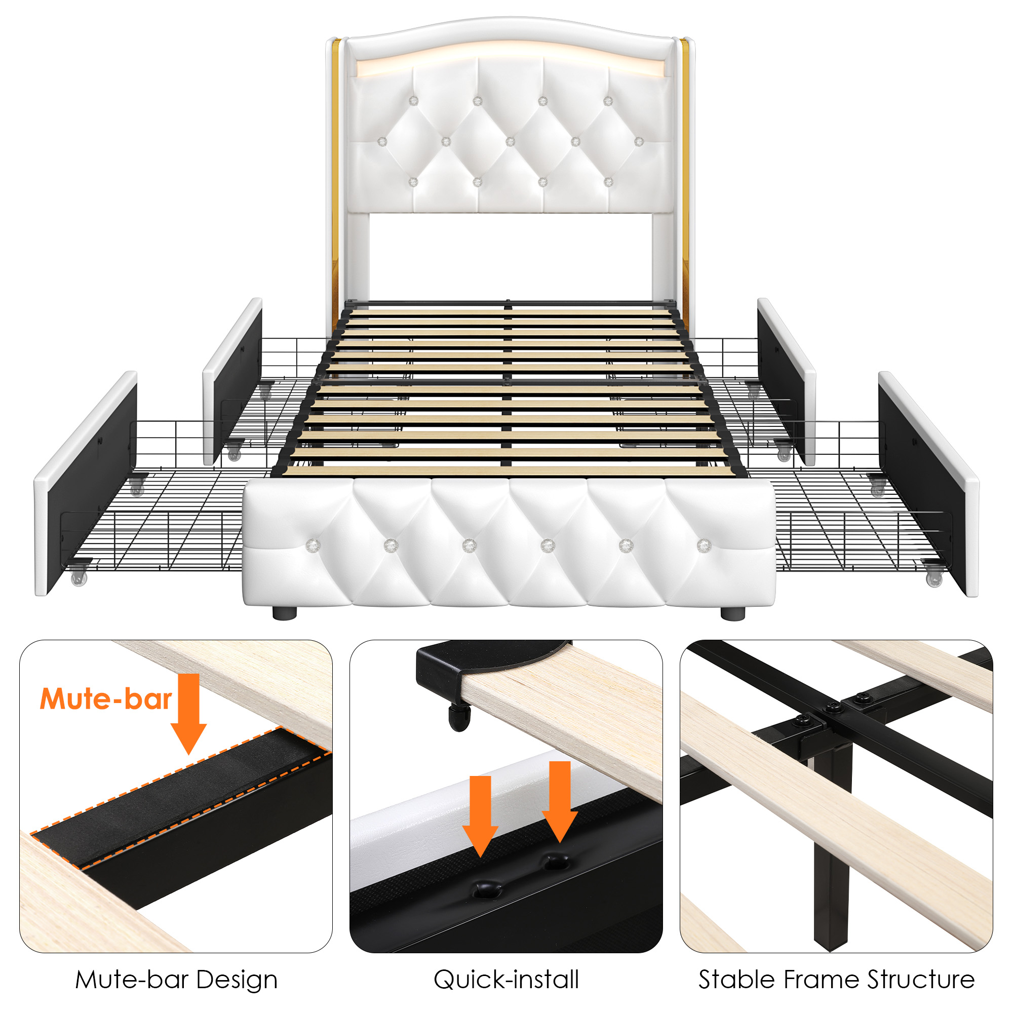 Homfa Twin Size LED Bed Frame with 4 Storage Drawers, PU Leather Upholstered Platform Bed with Crystal Buttons Headboard, White