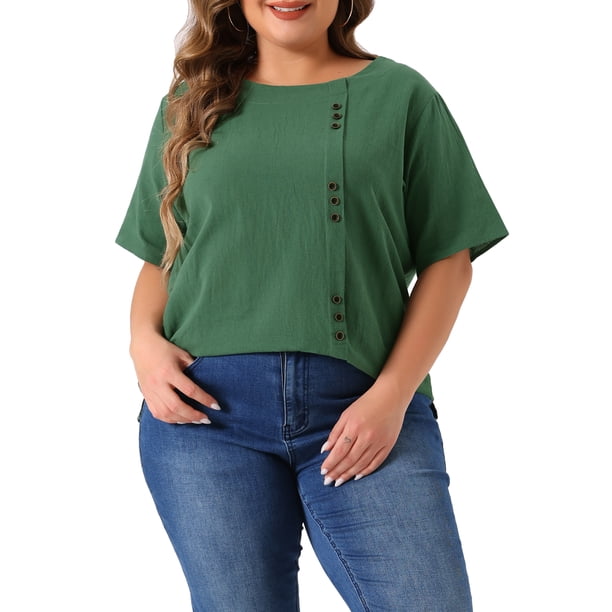 Blusa de algodón y lino de manga corta con cuello redondo para mujeres de tallas grandes Agnes Orinda, ideal para el Día de la Madre y Pascua, talla 3X, color verde ejército