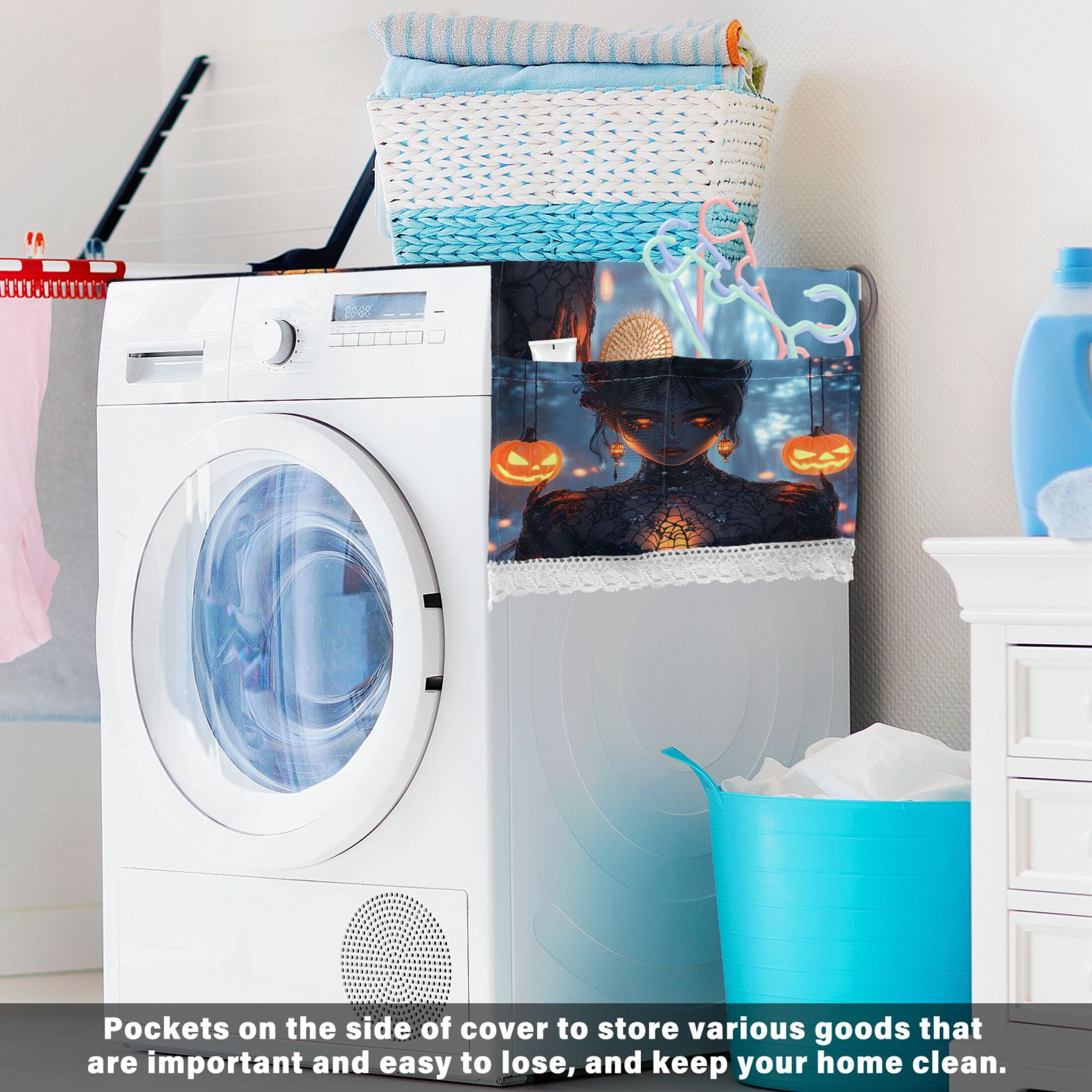Halloween QueenWasher and Dryer Covers Dust-Proof and Oil Resistant Fridge Cover with 4 Storage Pockets Washing Machine Top Cover for Laundry Kitchen Home 51.2 x 22 In