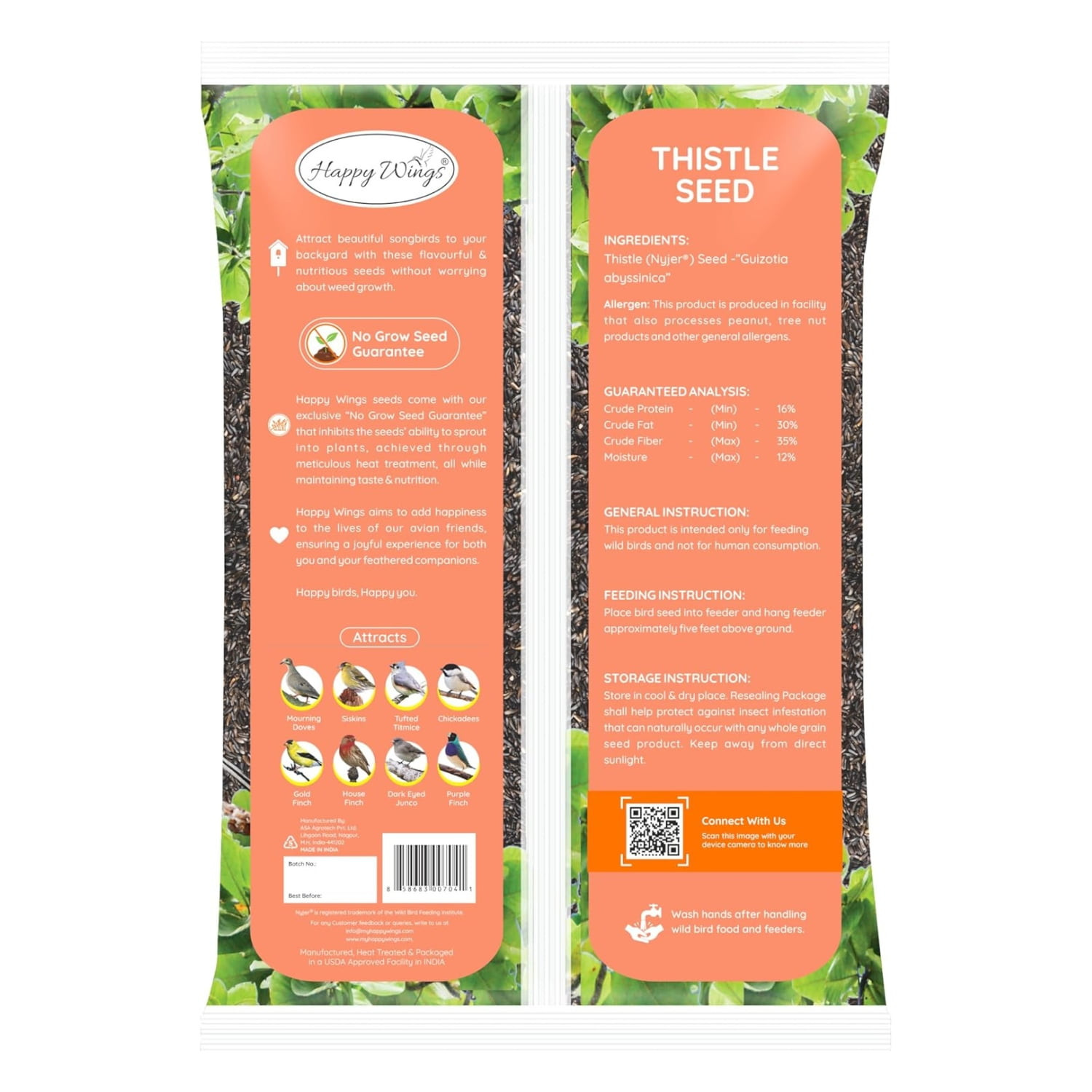 Happy Wings Thistle/Nyjer Seed Bird Food, No Growth Wild Bird Feed and Seed, Dry 5 lb. Bag