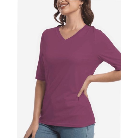 Women's Short Sleeve V Neck Casual Basic Solid Color Pullover Lightweight Soft Knit T-Shirt Tops