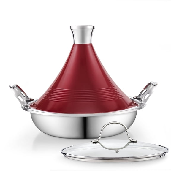 Cooks Standard Multi-ply Clad Stainless Steel Moroccan Tagine Pot 11 Inch 3.6 Qt, Dual Handles, Clay Pot Alternative for Slow Cooking, with Conical Die-Cast Aluminum & Glass Lid, Red