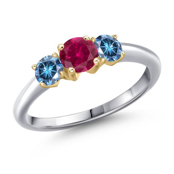 Gem Stone King 10K Two Tone Gold Red Created Ruby and Persian Blue Moissanite Engagement Ring for Women | 1.06 Cttw | Round 5MM | Gemstone July Birthstone | Size 7