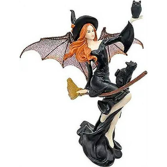 Comfy Hour Fairyland Collection 9‚Äù Dark Fairy Witch On Magic Broom with Black Cat Figurine, Halloween Theme Gift, Home Decoration and Collectibles, Polyresin