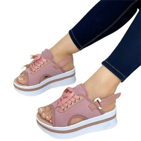 

Stamens Women Chunky Platform Sandals Tie-up Upper PU Shoes Hook & Loop Heel Strap Heightening Peep Toes Size 35-43 Creative Sneakers Design Ladies Foot Wear(36 Pink)